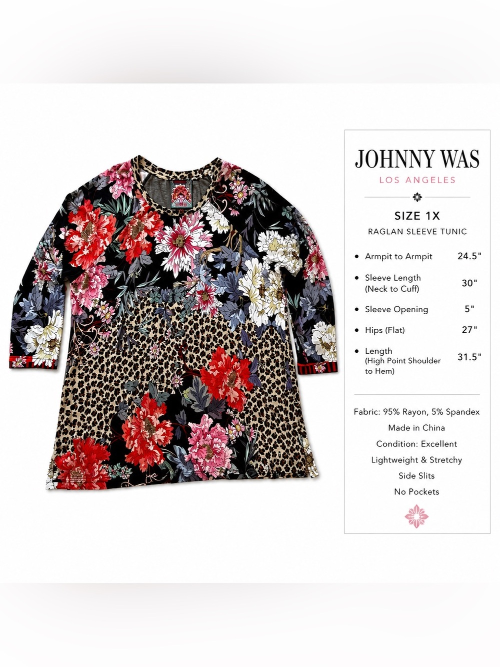 Johnny Was Black Multi Floral & Leopard Raglan Top